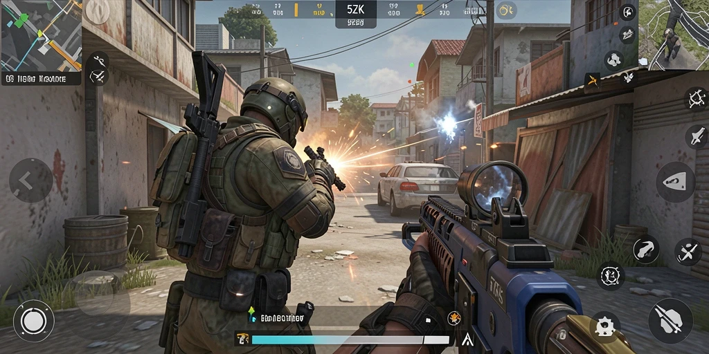 Screenshot menunjukkan aksi intens dalam pertempuran TPS.