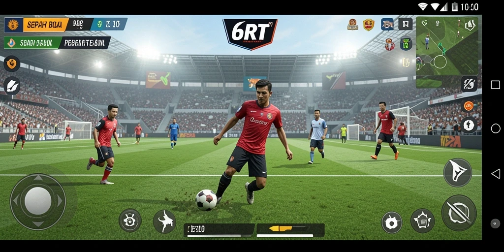 Tampilan gameplay 6RT dengan aksi seru pemain sepak bola.