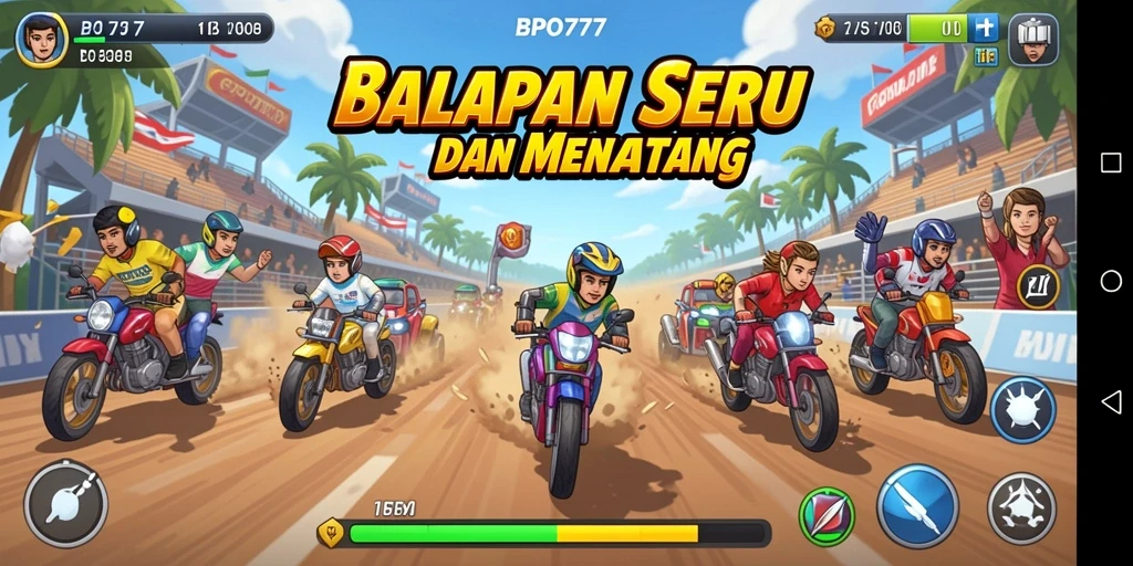 Gameplay BPO777 menampilkan aksi balap yang intens dan mendebarkan.