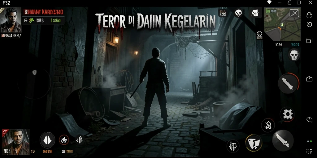 Screenshot F32 menampilkan pemain yang dikepung kegelapan dan makhluk menyeramkan.