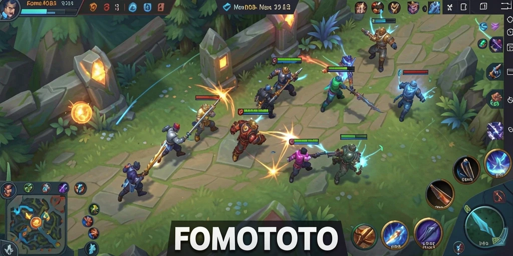 Tampilan gameplay seru dalam FOMOTOTO dengan aksi MOBA yang mendebarkan.
