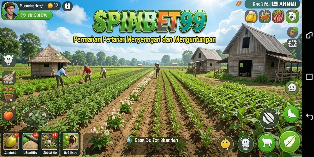 Tampilan screenshot utama SPINBET99 menampilkan gameplay pertanian yang menyenangkan.